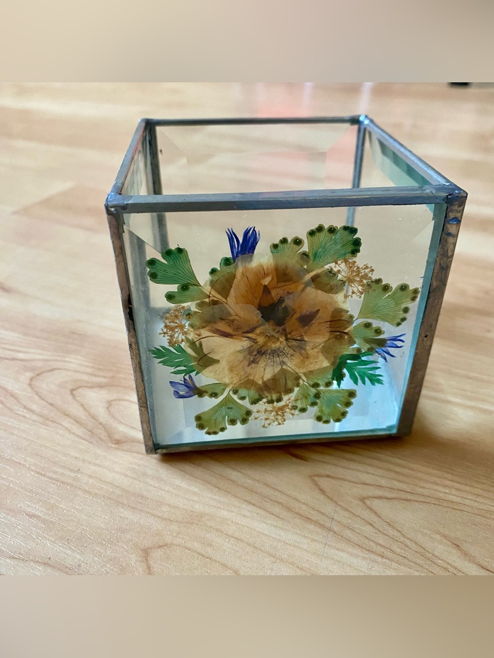 Glass Jewelry Trinket Box Pressed Flowers Beveled Glass Heavy Retro Elegant